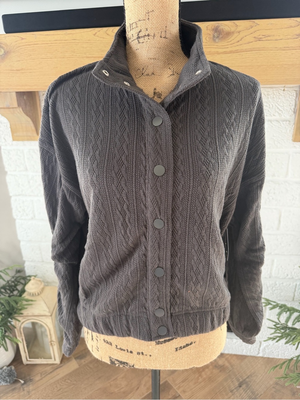 UNIONBAY Dark Gray Cable Knit Button Front Turtleneck Sweater